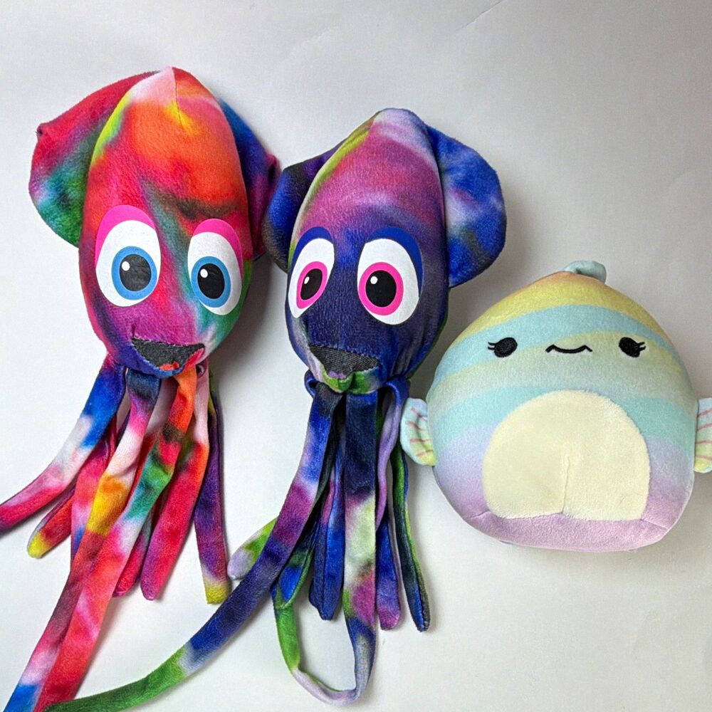 Ocean theme 3pc Plush Lot Tie-Dye Octopus & Pastel Soft Stuffed Toys